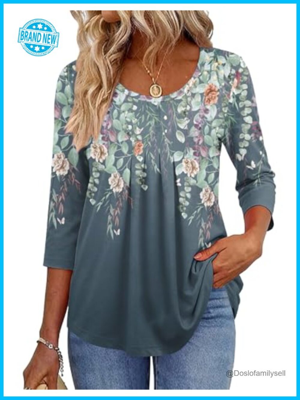 3/4 Sleeve Pleated Tunic Blouse 95% Polyester 5% Spandex Loose Fit Crew Neck